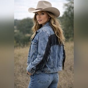 &Denim By ZARA Casual Blue Denim Black FRINGE JACKET SIZE 14